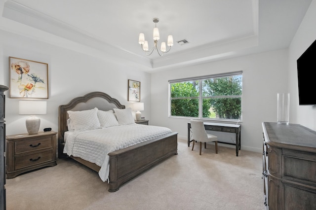 9637 Spray Dr, West Palm Beach, FL 33411 - bedroom featuring a tray ceiling, a chandelier, light carpet, and crown molding