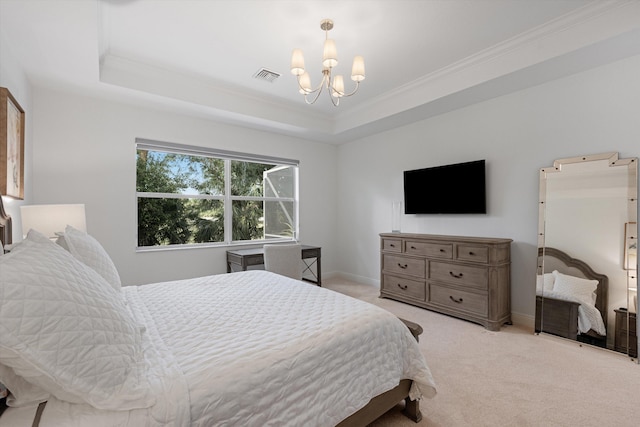 carpeted bedroom with crown molding, a chandelier, a tray ceiling, and visible vents