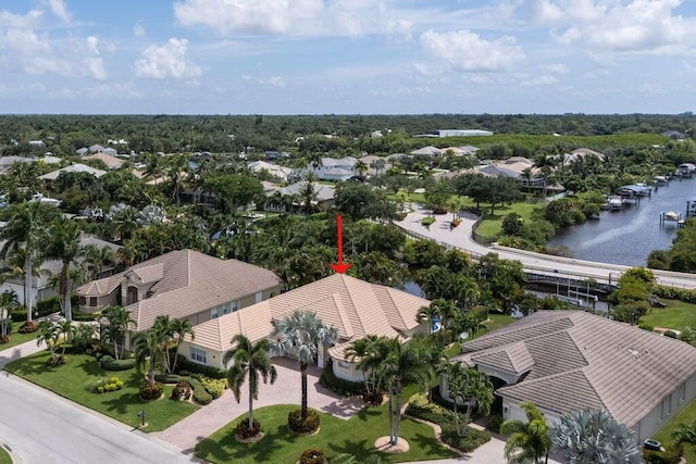 drone / aerial view featuring a water view