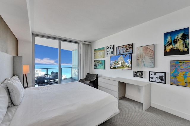 bedroom with a wall of windows, baseboards, access to exterior, and carpet flooring