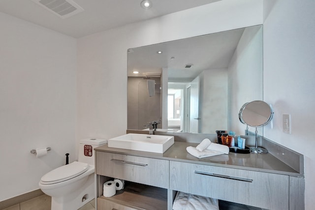 bathroom with tile patterned flooring, visible vents, toilet, recessed lighting, and vanity