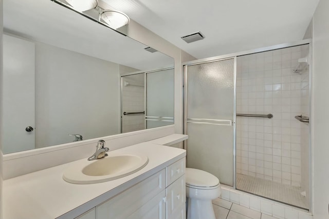 bathroom with tile patterned floors, visible vents, toilet, a stall shower, and vanity