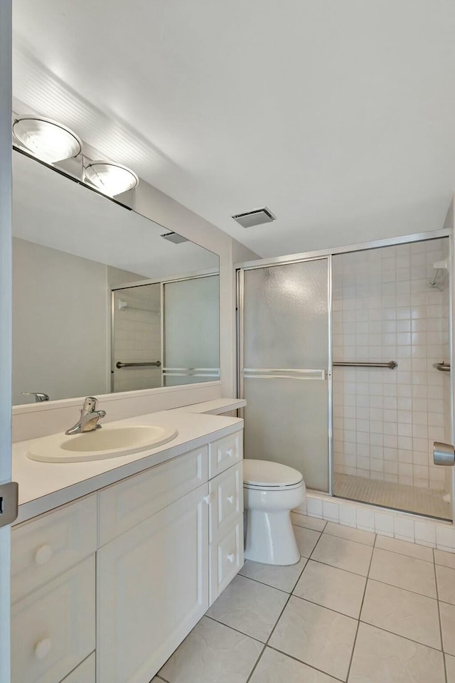 full bathroom with vanity, visible vents, a shower stall, tile patterned floors, and toilet