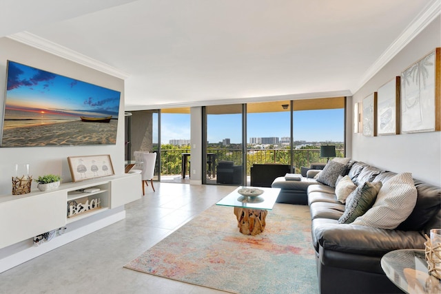 living room featuring a city view, crown molding, floor to ceiling windows, and tile patterned flooring