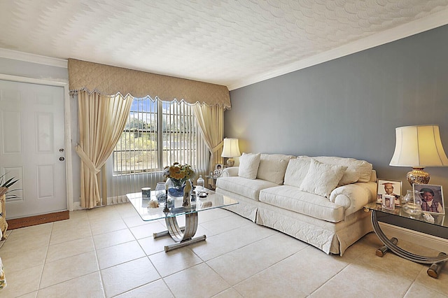 living area featuring baseboards, a textured ceiling, crown molding, and tile patterned flooring