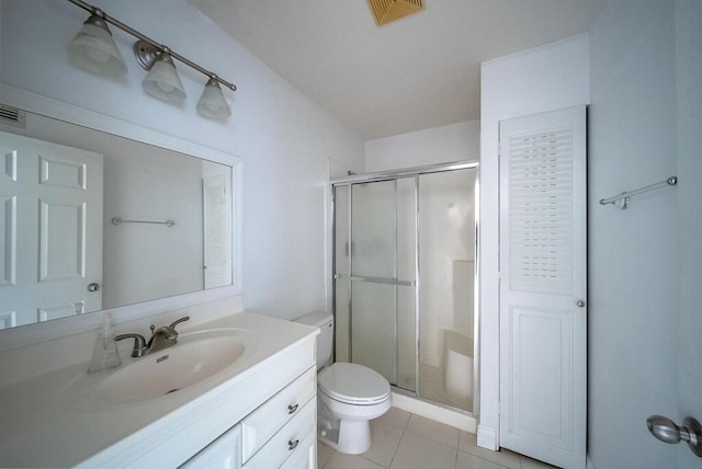 bathroom featuring visible vents, vanity, a shower stall, and tile patterned flooring