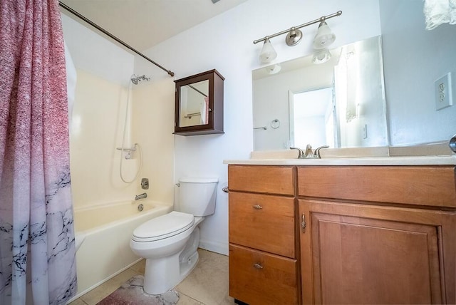 full bath featuring tile patterned flooring, shower / tub combo, toilet, and vanity