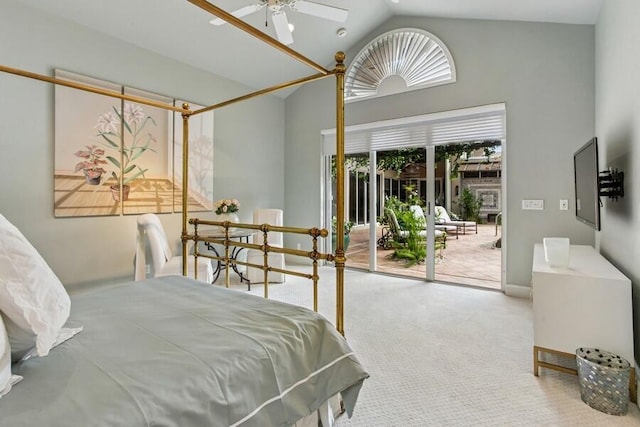404 Mariner Dr, Jupiter, FL 33477 - bedroom with access to outside, carpet floors, high vaulted ceiling, and a ceiling fan