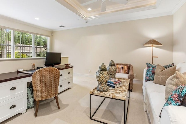 404 Mariner Dr, Jupiter, FL 33477 - office with crown molding, light colored carpet, ceiling fan, a tray ceiling, and recessed lighting