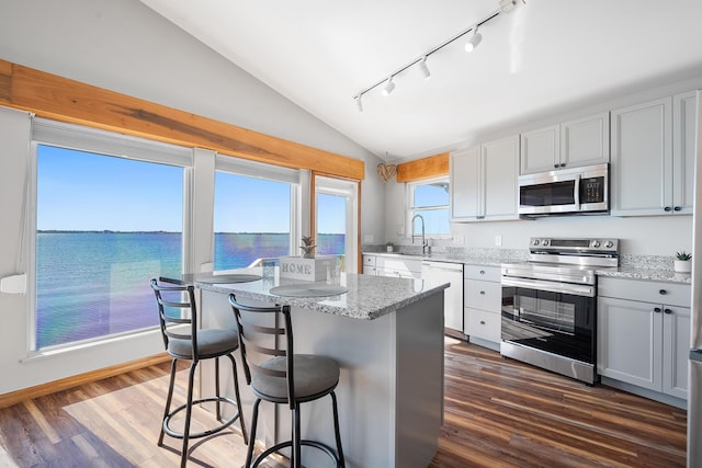 kitchen with a breakfast bar area, dark wood finished floors, vaulted ceiling, appliances with stainless steel finishes, and a center island