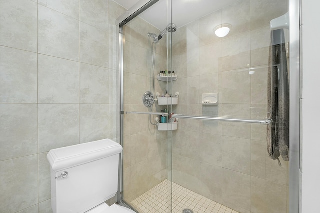 full bathroom featuring a shower stall and toilet