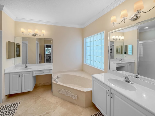 bathroom with two vanities, ornamental molding, a sink, a shower stall, and a bath