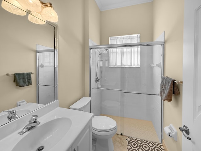 full bathroom featuring vanity, toilet, and a shower stall