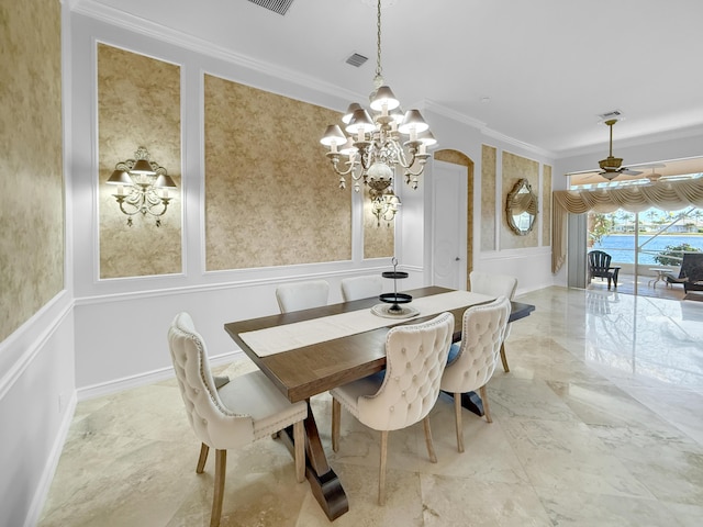 dining room featuring visible vents, crown molding, baseboards, a chandelier, and marble finish floor