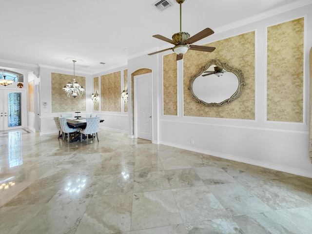 interior space with visible vents, crown molding, baseboards, ceiling fan with notable chandelier, and marble finish floor