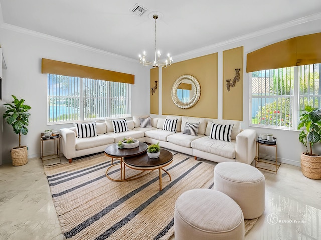 living area with visible vents, marble finish floor, ornamental molding, and a chandelier