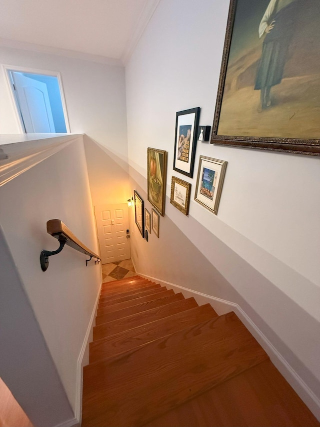stairs with wood finished floors, baseboards, and ornamental molding