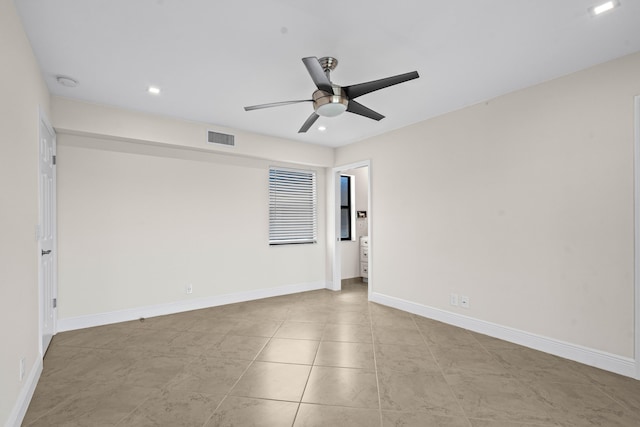 unfurnished room featuring recessed lighting, visible vents, baseboards, and a ceiling fan