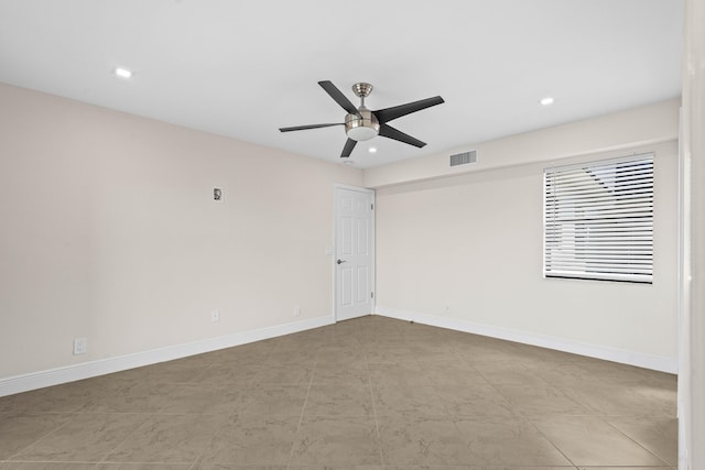 unfurnished room featuring visible vents, recessed lighting, a ceiling fan, and baseboards