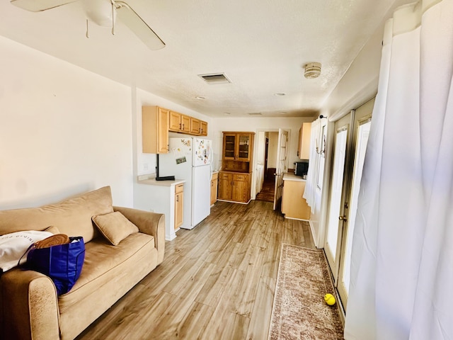 interior space with light wood-type flooring, open floor plan, light countertops, and freestanding refrigerator