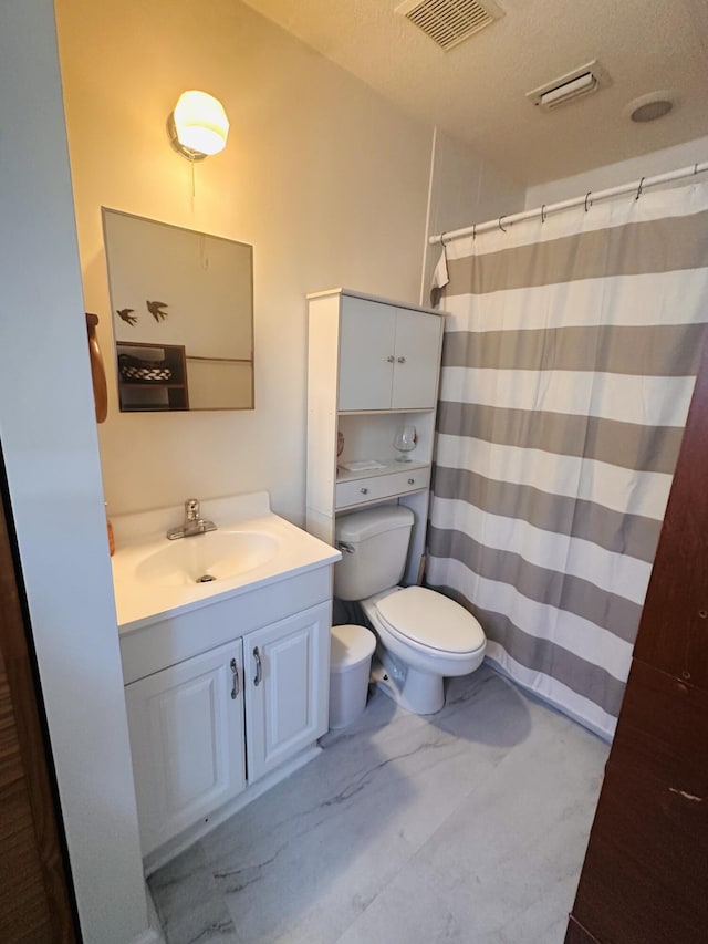 full bath with vanity, a shower with curtain, visible vents, toilet, and marble finish floor