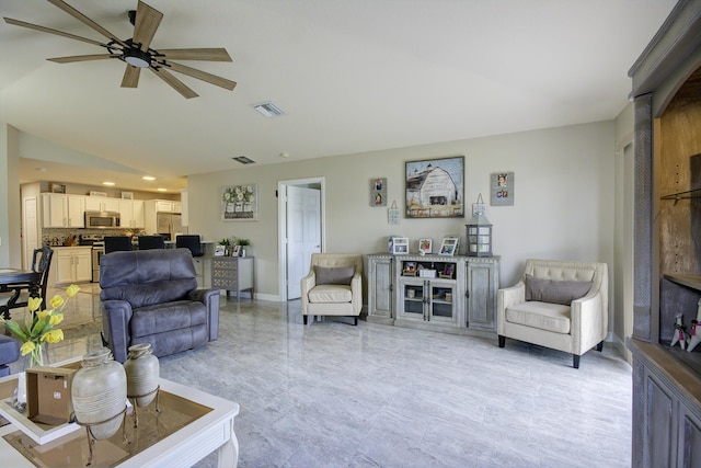 living room with recessed lighting, a ceiling fan, visible vents, and baseboards