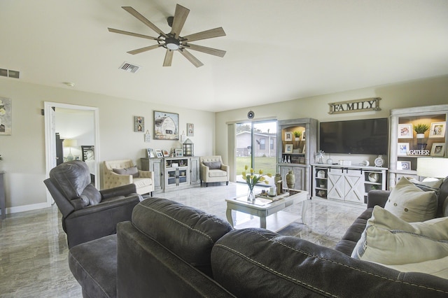 living area featuring visible vents, marble finish floor, baseboards, and ceiling fan