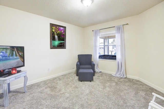 sitting room featuring carpet, baseboards, and a textured ceiling