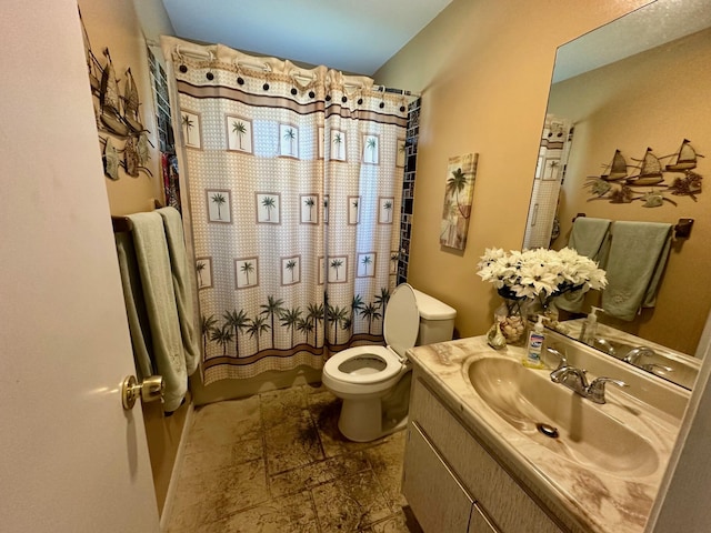 bathroom featuring vanity, stone finish floor, and toilet