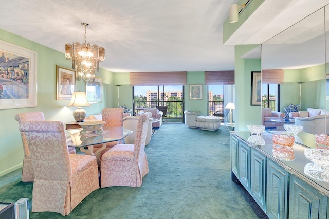 carpeted dining room with baseboards and a notable chandelier