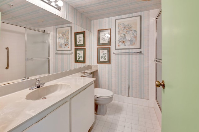 full bath featuring tile patterned flooring, a shower stall, and wallpapered walls