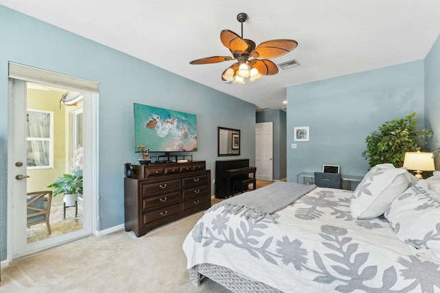 bedroom featuring access to exterior, visible vents, baseboards, ceiling fan, and light colored carpet