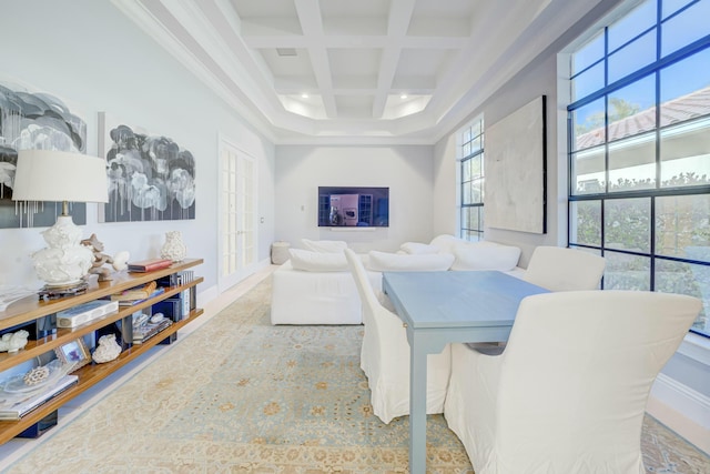 dining room featuring recessed lighting, beam ceiling, and coffered ceiling