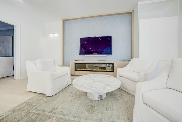 living area with a glass covered fireplace and wood finished floors