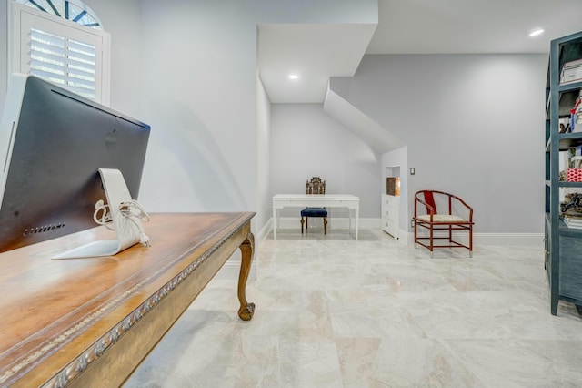 office featuring recessed lighting, marble finish floor, and baseboards