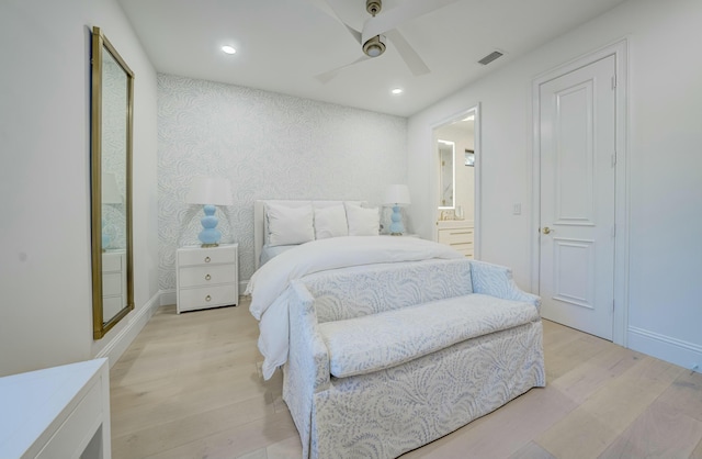 bedroom with recessed lighting, baseboards, visible vents, and light wood finished floors