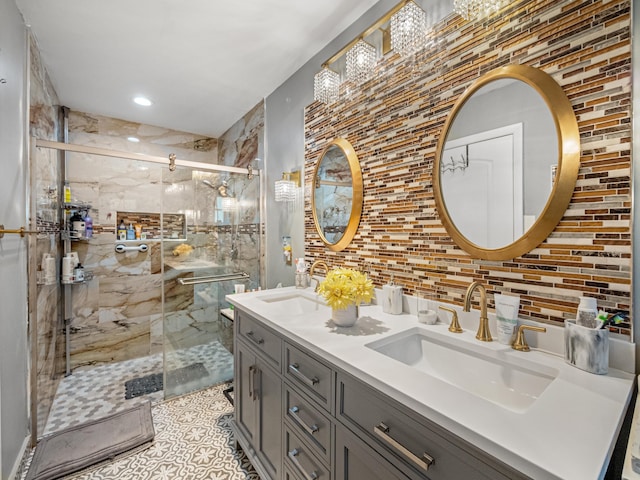 7882 Lake Sands Dr, Delray Beach, FL 33446 - full bathroom with tasteful backsplash, a marble finish shower, and a sink