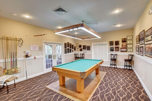 7882 Lake Sands Dr, Delray Beach, FL 33446 - recreation room featuring billiards, visible vents, baseboards, french doors, and carpet flooring