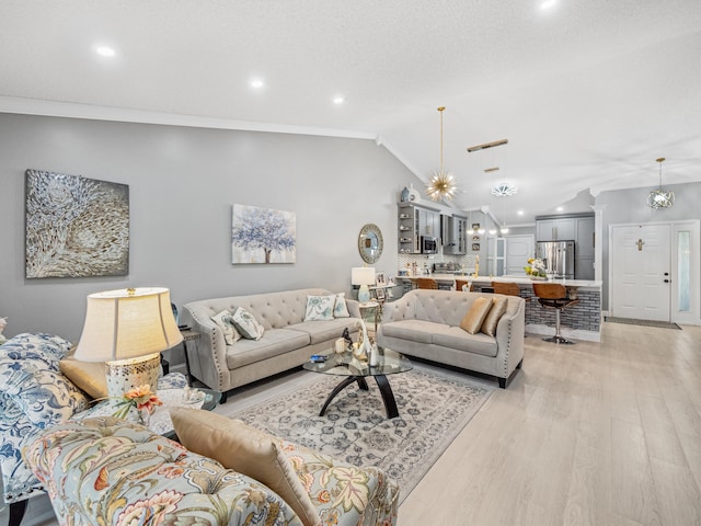 7882 Lake Sands Dr, Delray Beach, FL 33446 - living room with lofted ceiling, light wood-style flooring, recessed lighting, and crown molding
