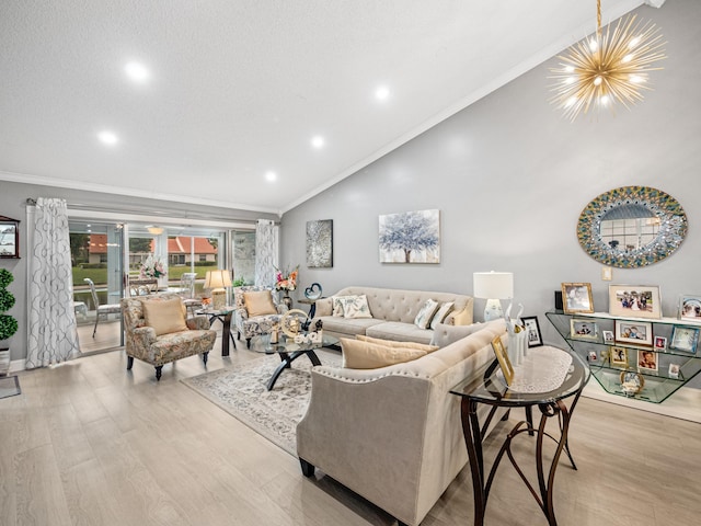 7882 Lake Sands Dr, Delray Beach, FL 33446 - living area with recessed lighting, high vaulted ceiling, wood finished floors, and crown molding
