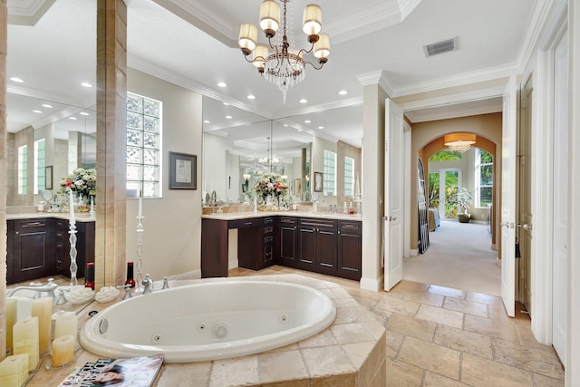 10255 Sand Cay Ln, West Palm Beach, FL 33412 - full bathroom with a chandelier, healthy amount of natural light, a whirlpool tub, ornamental molding, and recessed lighting