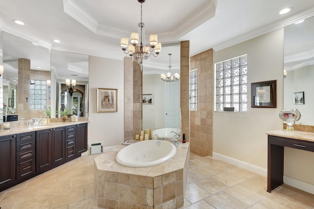 bathroom with an inviting chandelier, a whirlpool tub, ornamental molding, walk in shower, and a raised ceiling