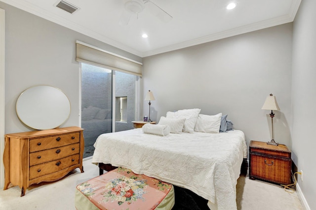 bedroom featuring access to exterior, light colored carpet, visible vents, and ornamental molding