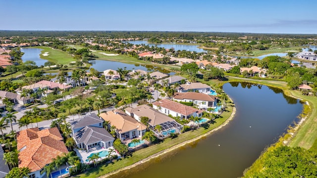 bird's eye view featuring a residential view, a water view, and view of golf course