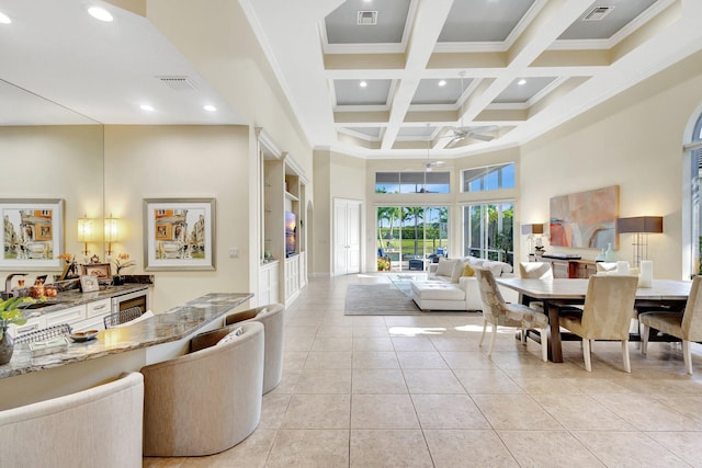 10255 Sand Cay Ln, West Palm Beach, FL 33412 - living area featuring a towering ceiling, ceiling fan, beamed ceiling, recessed lighting, and coffered ceiling