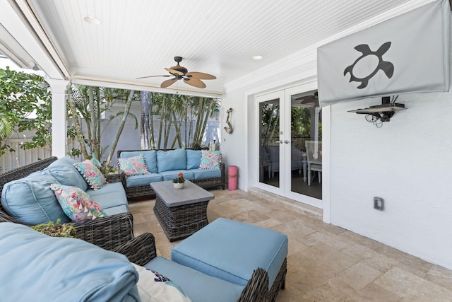 view of patio featuring french doors, ceiling fan, fence, and outdoor lounge area