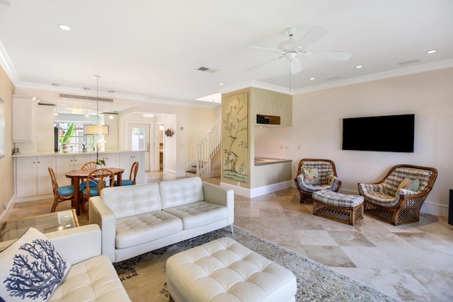 609 NE 19th Ave, Deerfield Beach, FL 33441 - living room featuring stairs, a ceiling fan, visible vents, and ornamental molding