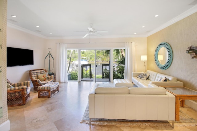 609 NE 19th Ave, Deerfield Beach, FL 33441 - living room with wallpapered walls, recessed lighting, ceiling fan, ornamental molding, and an accent wall