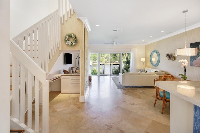 609 NE 19th Ave, Deerfield Beach, FL 33441 - living room featuring visible vents, ornamental molding, a ceiling fan, recessed lighting, and wallpapered walls