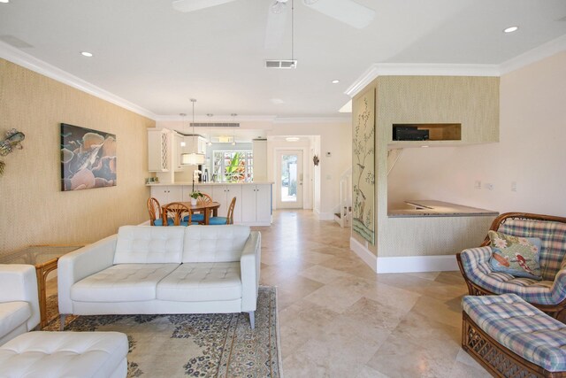 609 NE 19th Ave, Deerfield Beach, FL 33441 - living room featuring wallpapered walls, crown molding, baseboards, and visible vents